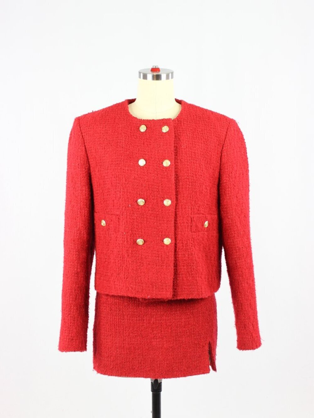 ZARA Red Cotton Blend Boucle Tweed Double Breasted Blazer Mini Skirt Set, Size L